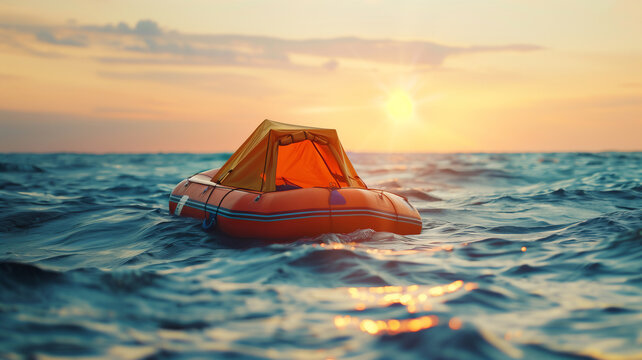 Life raft floating on ocean surface , safety equiment for boat and ship concept .