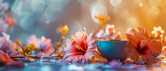 Hibiscus flowers on a table with a blue bowl of hot tea, concept of relaxation and tranquility