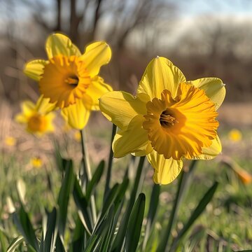 Two daffodils facing each other infield high quality ai generated image
