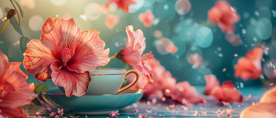 A pink flower is on a blue plate. Concept of relaxation and tranquility