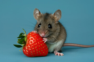 A cute mouse holding a strawberry, Birthday card, seasons greetings
