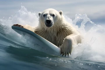 Fotobehang polar bear and surfing, polar bear in the water, surfer, surf, leisure, energy, power, cool, watersports © Sergei