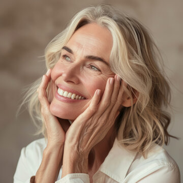 Happy beautiful blonde older mature lady touching facial skin, looking away with perfect toothy smile, laughing, enjoying elderly beauty care, thinking on good skincare result 
