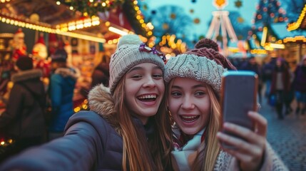 friendship, technology and winter holidays concept - happy smiling teenage girls taking selfie with smartphone over christmas market or amusement park background