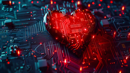 Unique concept of technology and love, merging a digital circuit board with a heart symbol for a creative Valentines theme
