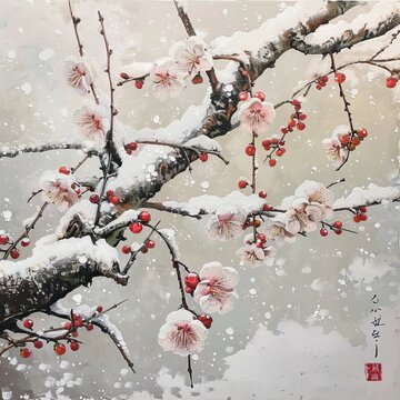 Snow plum blossoms in bud covered in snow, blossoms watercolor style high quality ai generated image