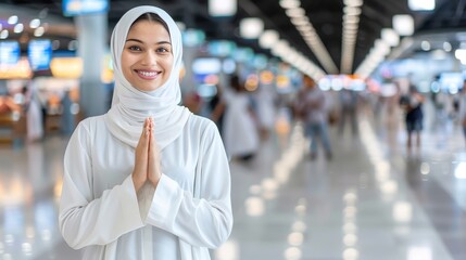 Fototapeta na wymiar Asian muslim woman smiling, giving eid mubarak greetings on blurred background with copy space