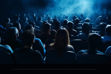 Movie theater with crowd of people sitting in chairs. Audience is watching movie on big screen - obrazy, fototapety, plakaty