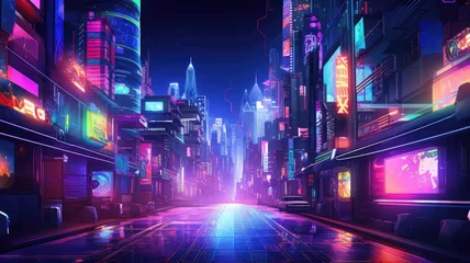 Tuinposter The picture of the neon night time futuristic cyberpunk scifi metropolis yet bright with neon light that fill everywhere of metropolis and fill with tall building and long roadway at night. AIGX01. © Summit Art Creations