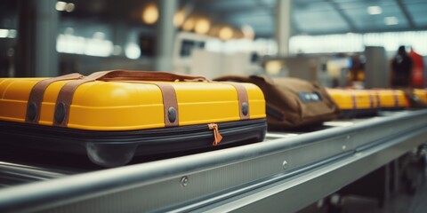 Yellow suitcase is on conveyor belt next to brown one
