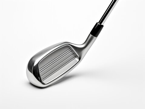 Golf club is shown in close up. Club is silver and has black grip. Image is of white background