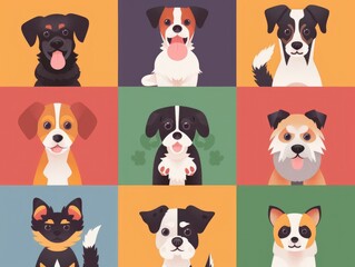 Series of cartoon dogs are shown in row, with each dog having different color and breed. Concept of diversity and fun, as dogs are all smiling and looking at camera