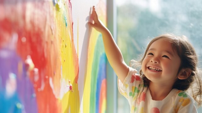 Little girl is painting rainbow on wall. She is smiling and seems to be enjoying herself