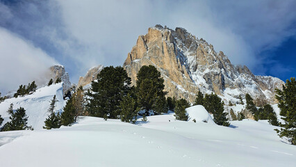 Beautiful view of the Dolomites Alps with lots of snow and a slightly blue sky. 