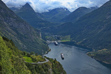 Panoramic view of Geiranger Fjord from Ornesvingen viewpoint, More og Romsdal county, Norway, Europe
