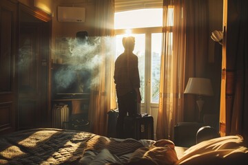 Man from behind with suitcases and handbag in a hotel room looking out the window where a ray of sunlight enters