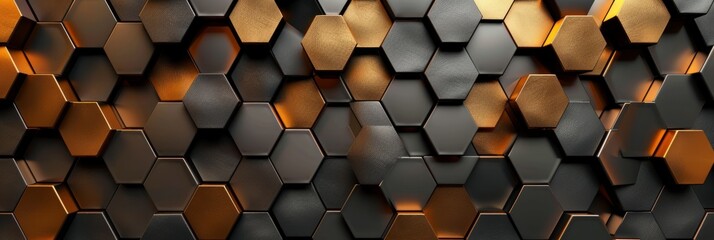 Abstract futuristic luxurious digital geometric technology hexagon background banner illustration 3d. Glowing gold, brown, gray and black hexagonal 3d shape texture wall - obrazy, fototapety, plakaty