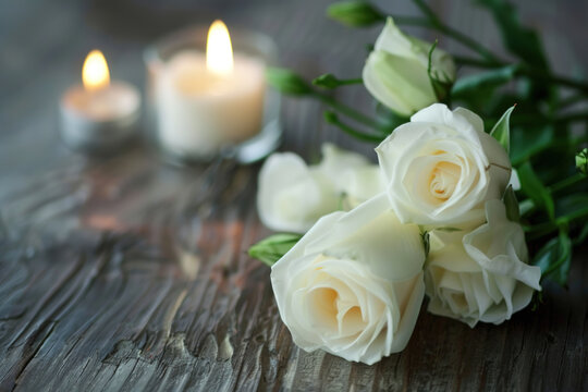 Condolence card with candles and white roses