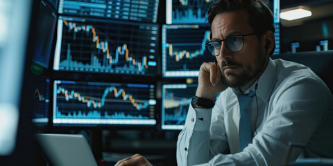 Male trader using a laptop and multiple monitors to analyze stock market data. Businessman analyzing stock market data on computer screens