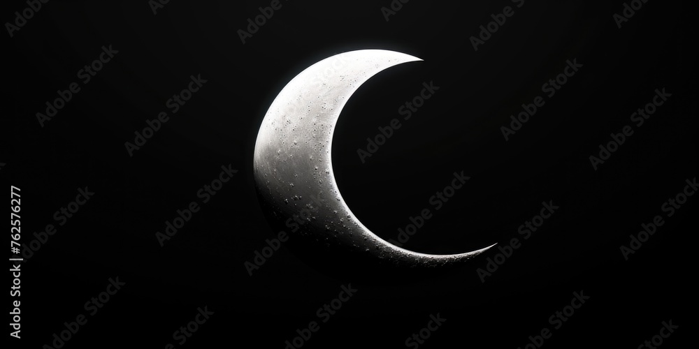 Poster black and white image of crescent moon. moon is main focus of image and it is only thing that is vis