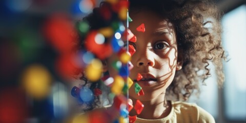 Young girl with curly hair is looking at colorful object. Object is large assortment of colorful blocks, which girl is holding in her hands