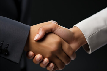 Two people shaking hands. Man is wearing suit and tie. Woman is wearing white blouse