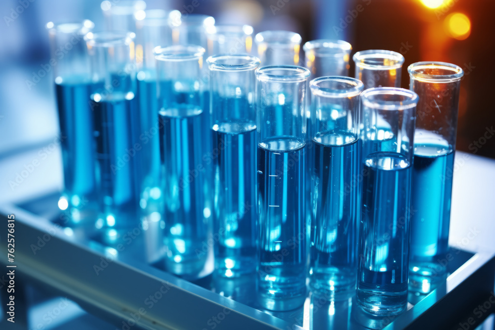 Poster row of blue test tubes are lined up on table. tubes are filled with clear liquid, and they are all s