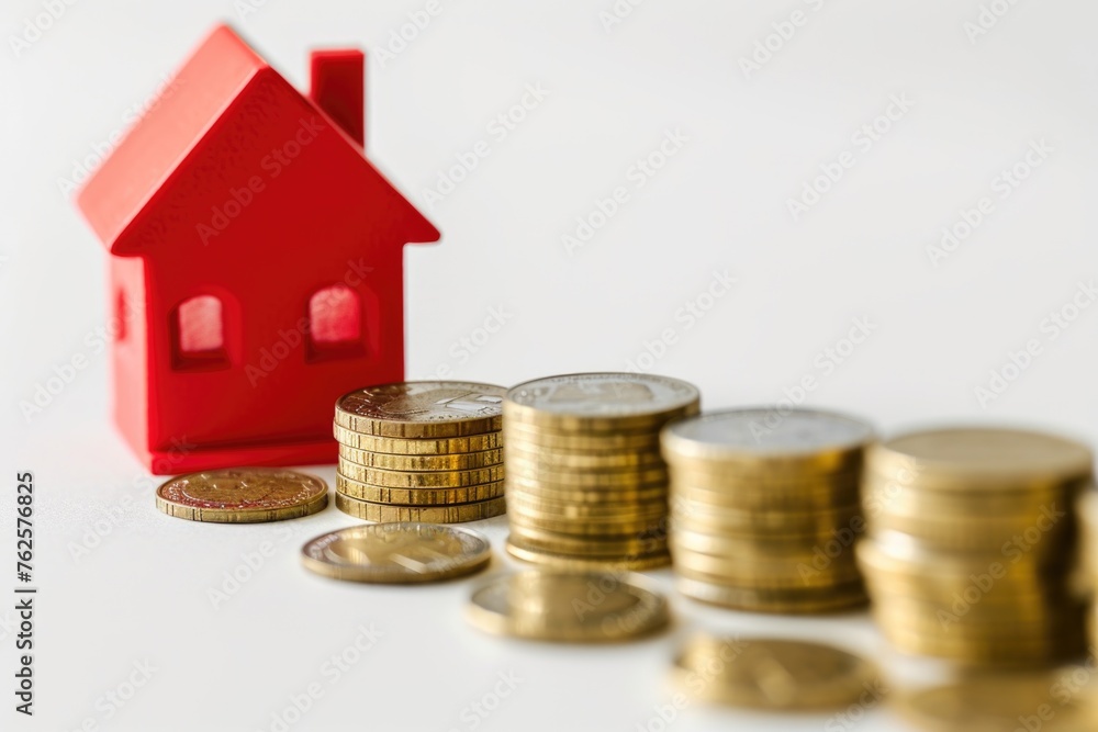 Poster red house is shown with row of gold coins on top of it. coins are stacked in pyramid shape, with lar