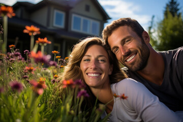 Fototapeta premium Couple is smiling and posing for picture in field of flowers. Scene is happy and romantic