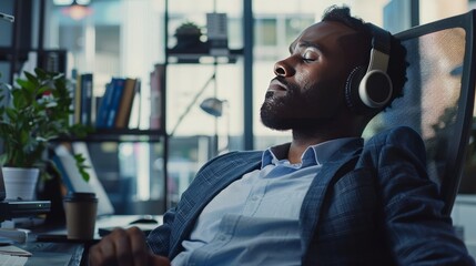 business, technology and people concept - happy african american businessman with headphones and computer listening to music at office - obrazy, fototapety, plakaty