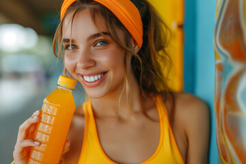 Woman with juice or isotonic sports drink - 762576846