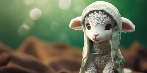 Stuffed lamb is wearing green scarf and looking at camera. Image has warm and cozy feeling, as if lamb is inviting viewer to come closer and cuddle with it