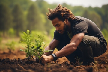 Man is planting tree in dirt. Man is wearing black shirt and green pants - obrazy, fototapety, plakaty