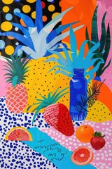 Obraz na płótnie Canvas Abstract background with fruits in minimalistic flat hand drawn naive style. Simple tropical summer banner, trendy stylish fashion print, poster