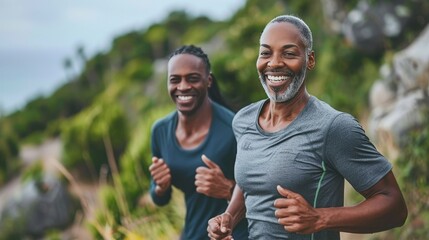 Active african couple engaged in running and jogging for physical well being and happiness