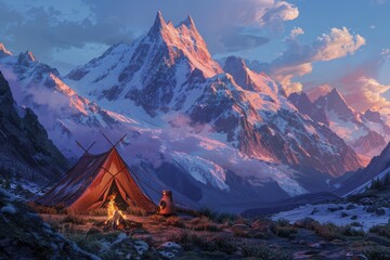 Tent and campfire in snowy mountain terrain at sunset - obrazy, fototapety, plakaty
