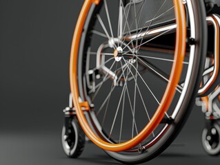 Close up of wheelchair wheel with orange spokes. Wheel is on gray surface, and image has somewhat abstract feel to it