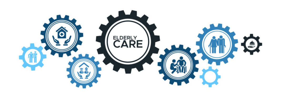 Elderly care banner web icon vector illustration concept for elderly people support with an icon of caregiver, nursing home, assisted living, home nurse, and delivery service