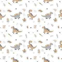 Seamless pattern - children's cute painted dinosaurs and leaves for fabric and other things © Sova Art