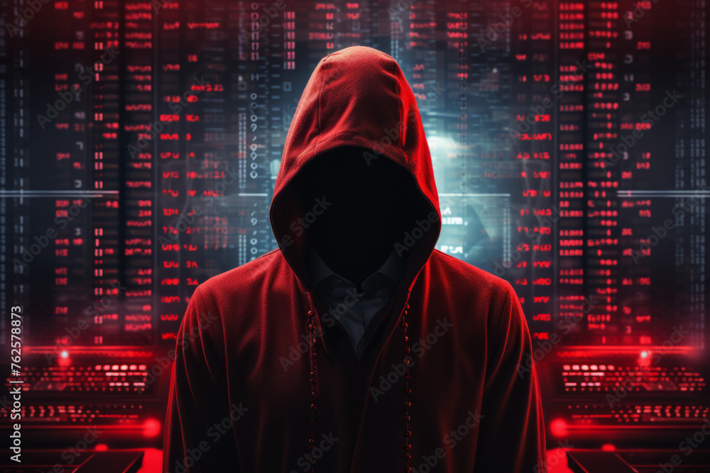 Aufkleber man in red hoodie is standing in front of computer screen with lot of numbers and letters. concept o