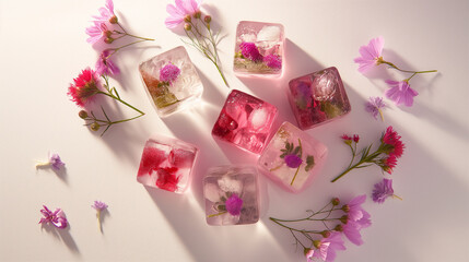 flower buds in an ice cube , white background