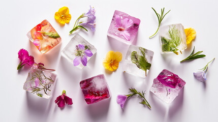 Obraz na płótnie Canvas ice cube with flower buds , white background