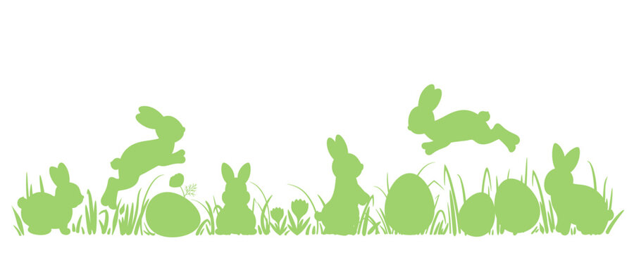 Easter banner with Cute Easter bunny and eggs silhouette. Bunnies sitting and jumping on the grass among eggs. Easter egg hunt wide frame border. Rabbits on the meadow vector design.