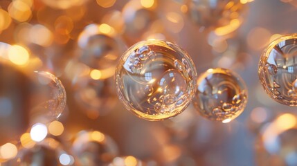A collection of glass spheres catching the light in a mesmerizing display of reflections and refractions, arranged against a backdrop of muted tones and subtle gradients.