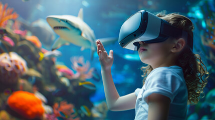 A little boy wearing virtual reality goggles stretches his arms towards fish at the bottom of the...