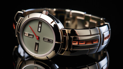 A futuristic silver and chrome wristwatch, exuding a sense of innovation, against a polished silver...