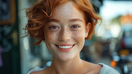 Radiant Young Woman with Freckles and Red Hair Smiling in Urban Setting
