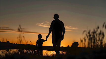 Father day background Happy dad with baby at sunset - obrazy, fototapety, plakaty