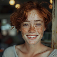 Smiling Freckled Woman with Auburn Hair in a Cozy Indoor Setting