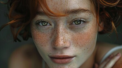 Intense Gaze of a Red-Haired Woman with Freckles, Intimate Portrait